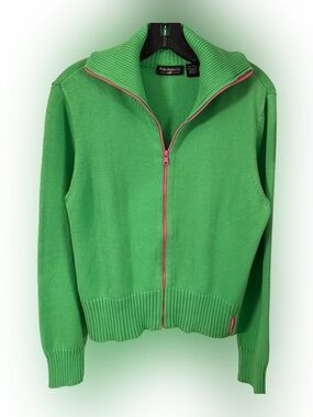 Polo Ralph Lauren Women VTG Zip Up Ribbed Sweater Green W Hot Pink Accents Sz XL